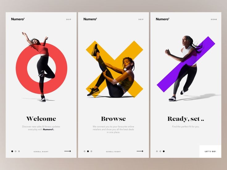 Three-panel mobile onboarding screen for Numero fitness app showcasing the Blending Photos with Graphical Elements trend