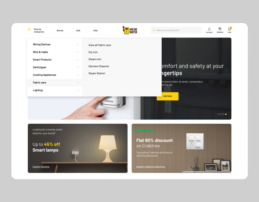 Electrical ecommerce website menu  for a store (information architecture)