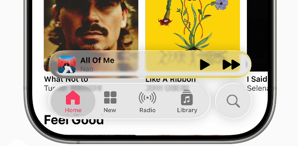 apple-music mobile interface featuring Liquid Glass design trend