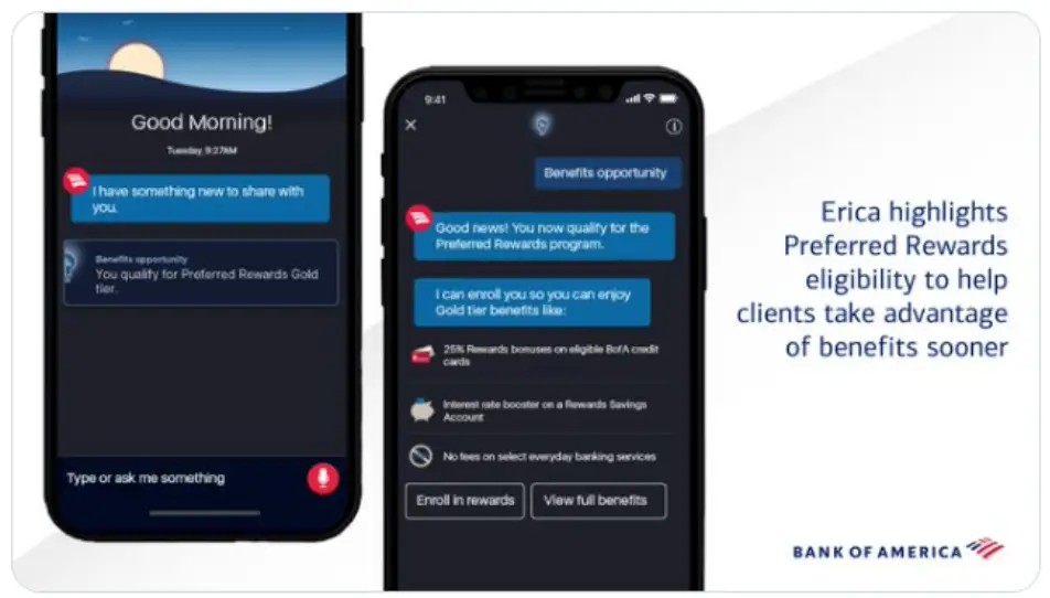 AI chatbot interface example showing Bank of America’s Erica virtual assistant
