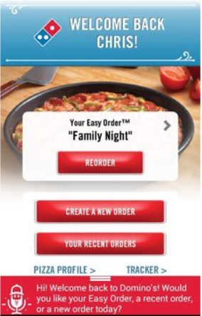 Domino’s mobile app interface featuring the 'Dom' voice-activated assistant.