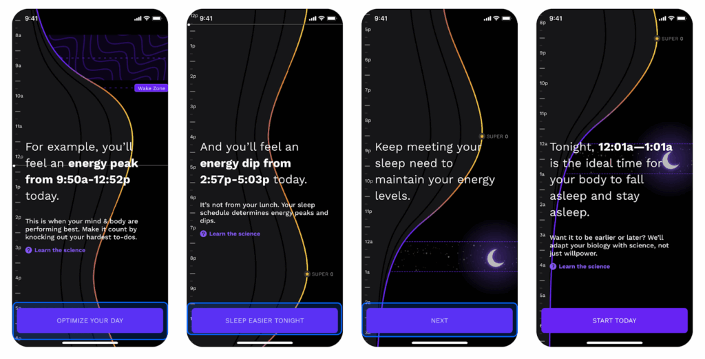 Organic UI design example from a sleep tracking app, Rise
