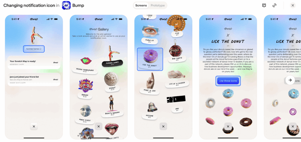 Mobile app interface for Bump showcasing Retro Web Aesthetics through a digital scrapbook layout.