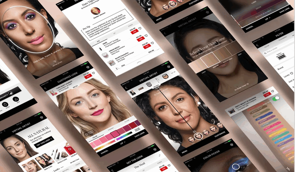 Perspective view of multiple mobile app screens showcasing Sephora’s Virtual Artist AR interface