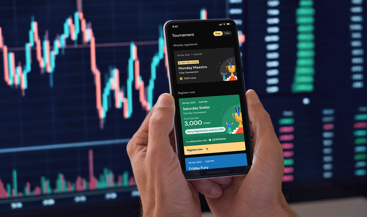 StockPe gamified fintech app interface for stock market learning.